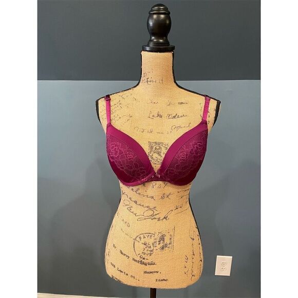 Maidenform Women's Push-Up Lace Bra Burgundy 34D Adjustable Straps Underwire - Picture 1 of 11